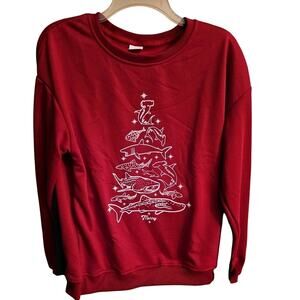 Shark Christmas Tree Sweatshirt Size Large Red